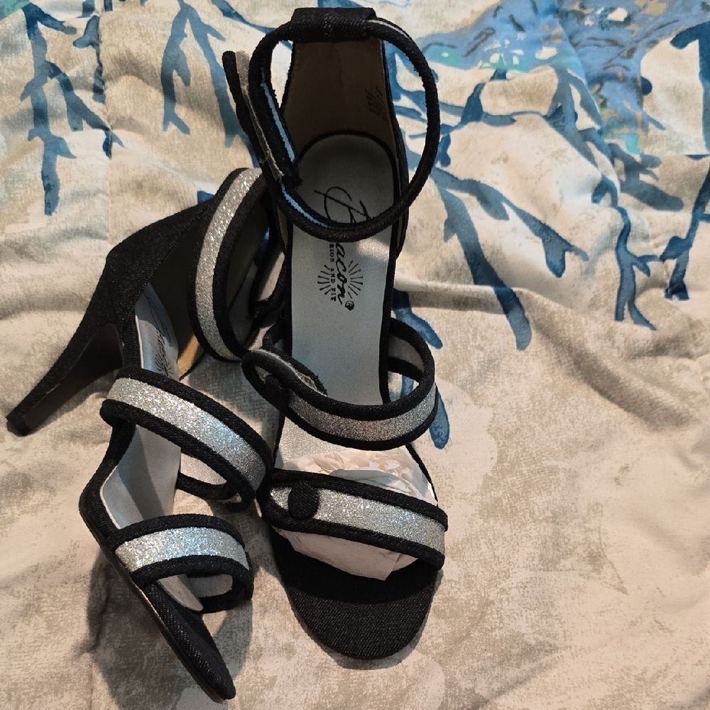 Beacon Black and Silver Strappy Heels